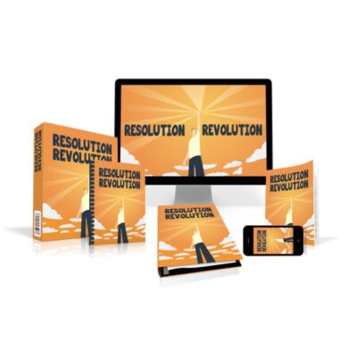 Resolution Revolution Bundle - image of a person with their hand raised to the sky with beams of light shooting out! THat design is on a computer monitor, book, binder, phone, box.